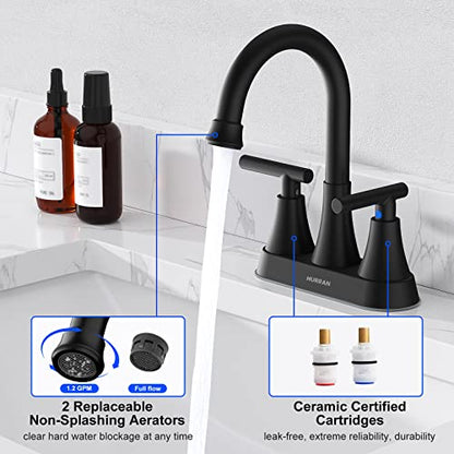 Matte Black Bathroom Faucet, Hurran 4 inch Centerset 2-Handle Lead-Free | Bathroom Sink Faucet with Pop-up Drain and Supply Lines, Stainless Steel Faucet for Vanity RV Restroom Laundry Outdoor Sink - color: Matte Black