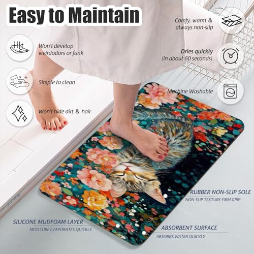 Bathroom Runner Mat Rugs Long,Cute Cat Kitten Pink Flower Design Diatomite Stone Bath Mat Large Absorbent Diatomaceous Earth Mat Non Slip Fast Dry Shower Mat Bathroom Rugs Floor Mat 16x42in - color: Design14