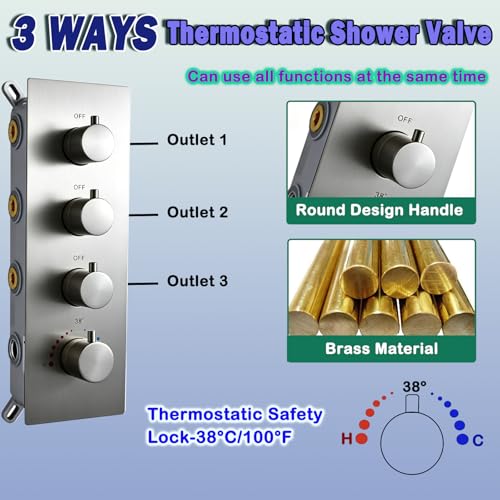 AYIVG Thermostatic Full Body Rainfall Shower System Dual 3 Way Diverter Valve 6 Function Ceiling Mount 14x20" ShowerHeads With 6 Jets 2 Handheld Shower Set (Brushed Nickel) - color: Brushed Nickel