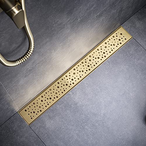 Linear Shower Drain 24 Inch, Bubbles Shower Drain SUS-304 Stainless Steel, 51L/Min Fast Drainage Floor Linear Drain, US Standard CUPC Certified, Zirconium Gold, SD-099 - color: Zirconium Gold, size: 24 Inch