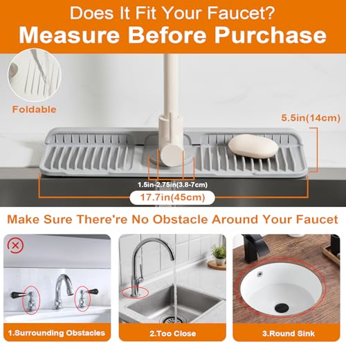Faucet Mat for Kitchen Sink, Silicone Sink Splash Guard with 1 Crevice Cleaning Brush and 100 Kitchen Sink Strainer Mesh Bags,7°Slope Fast Self-draining, Fast Drying Tidy Faucet Mat Splash Guard,Gray