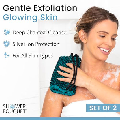 SHOWER BOUQUET Japanese-Exfoliating-Washcloth 2-Pack Charcoal & Silver Ion | Exfoliating Towel & Handles | 2-Sided Gentle Exfoliation & Deep Cleansing Back & Body Wash Cloths for Shower | White + Green - color: Charcoal Green + Charcoal White, size: 1 Cou