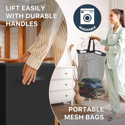 Simple Houseware Double Laundry Hamper with Lid & Removable Bags, Black | Heavy Duty 600D Polyester, Water-Resistant Surface - color: Black