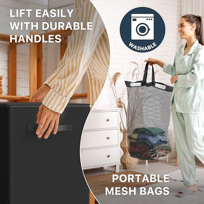 Simple Houseware Double Laundry Hamper with Lid & Removable Bags, Black | Heavy Duty 600D Polyester, Water-Resistant Surface - color: Black