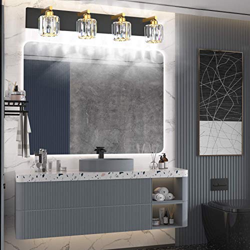 Aipsun Crystal Bathroom Vanity Lighting Black Vanity Light Fixtures Modern Vanity Light for Bathroom 4 Lights(Exclude Bulb) - color: Black Gold (Round), size: 32 inch