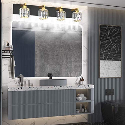 Aipsun Crystal Bathroom Vanity Lighting Black Vanity Light Fixtures Modern Vanity Light for Bathroom 4 Lights(Exclude Bulb) - color: Black Gold (Round), size: 32 inch