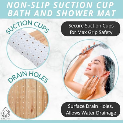 ENKOSI Non-Slip Bath & Shower Mat 40x16 Extra Long, Suction & Drain Holes | Wood-look spa finish; Durable PVC; 40x16 in, Wood Teak - color: Wood Teak