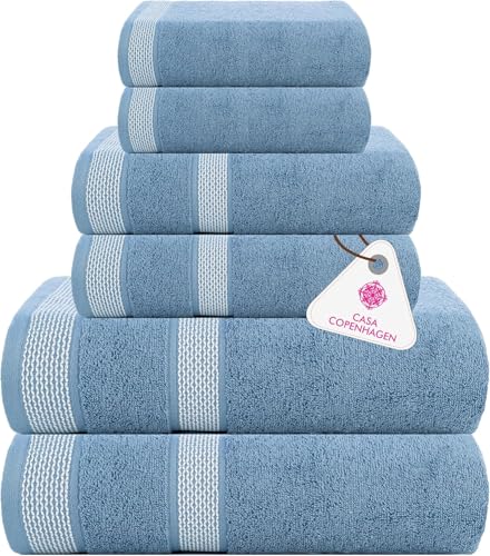 CASA COPENHAGEN Solitaire 6 Pieces Towel Set- Dusty Blue, 600 GSM 2 Bath Towel 2 Hand Towel 2 Washcloth, Designed in Denmark Made of Soft Egyptian Cotton for Bathroom, Kitchen & Shower - color: Solitaire - Dusty Blue, size: 6Pcs Towel Set