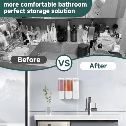 Shampoo and Conditioner Dispenser 3 Chamber No Drill Shampoo Dispenser for Shower Wall Mounted Shower Soap Dispenser 3 * 500ml Refillable Shower Dispenser for Bathroom Hotel(White 3 Chamber) - color: White-clear-3