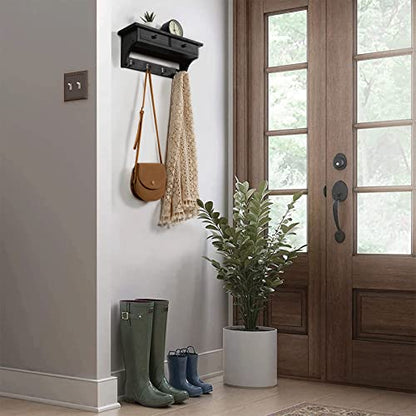 Emfogo Wood Coat Hooks Wall Mounted, Rustic Style with 4 Hooks & Shelf for Entryway, Mudroom, Bedroom, Kitchen, Bathroom (Black) - color: Black