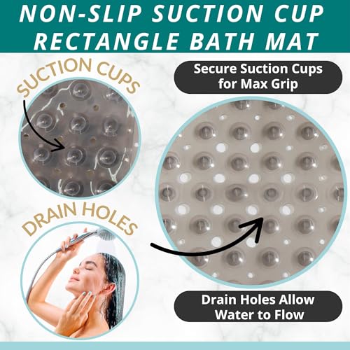 ENKOSI Non-Slip Bath & Shower Mat 40x16 Extra Long, Suction & Drain Holes | Clear Gray look; Durable PVC; 40x16 in, Clear Gray - color: Clear Gray