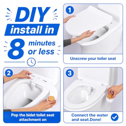Ultra Slim Toilet Bidet Attachment, Dual Nozzle Front & Rear Wash, Adjustable Cold Water Pressure, Stainless Steel Inlet, Easy to Install Sanitary Toilet Cleansing Accessory