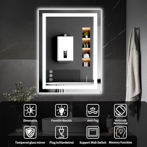 26"x38" LED Bathroom Mirror with Lights, Dimmable, Anti-Fog, Lighted Bathroom Vanity Mirror for Wall, Backlit + Front Lit, Memory Function, Shatter-Proof, Tempered Glass - size: 38"L x 26"W
