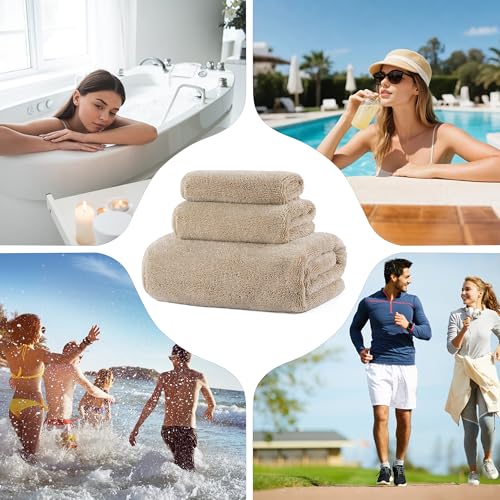 MICROFI Ring Spun Terry Microfiber Bath Towel Set, 3 Piece, Oversize, Quick Dry, Lint Free, Includes Bath, face, and Hand Towels (Beige) - color: Beige