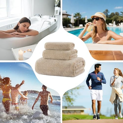 MICROFI Ring Spun Terry Microfiber Bath Towel Set, 3 Piece, Oversize, Quick Dry, Lint Free, Includes Bath, face, and Hand Towels (Beige) - color: Beige