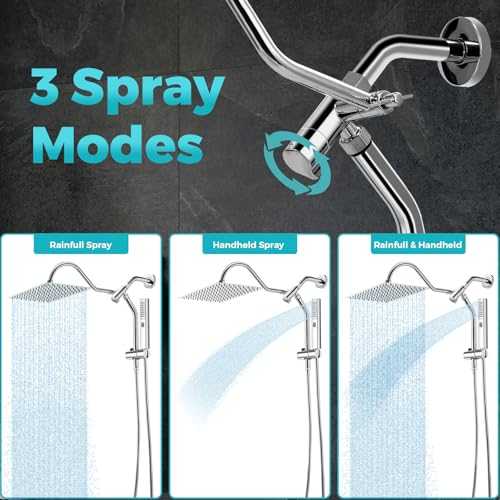 Rain Shower Head, 12 * 8 Inch Rectangular Shower Head with Handheld Spray, Rainfall Dual Showerhead Set with Adjustable Slide Bar, 77" Hose, Curved Extension Arm, Chrome, 1.8 GPM, DOE & CEC Certified