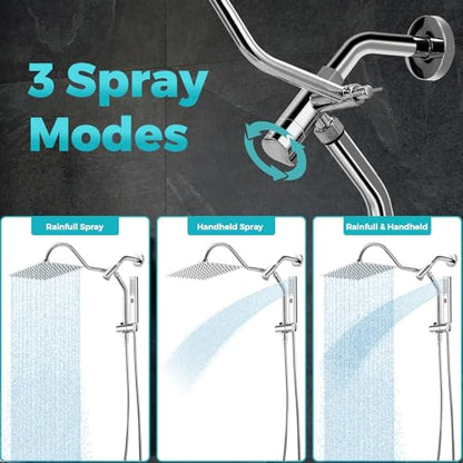 Rain Shower Head, 12 * 8 Inch Rectangular Shower Head with Handheld Spray, Rainfall Dual Showerhead Set with Adjustable Slide Bar, 77" Hose, Curved Extension Arm, Chrome, 1.8 GPM, DOE & CEC Certified