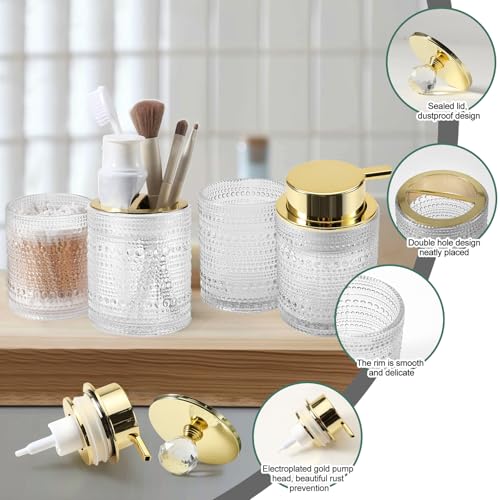 DASITON Bathroom Accessories Set,4Pcs Glass Bathroom Counter Set with Foaming Soap Dispenser,Toothbrush Holder,Bathroom Tumbler,Cotton Swab Jars, for Vanity Bathroom Decor(Clear A) - style: Clear A