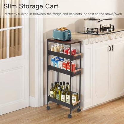 5 Tier Narrow Slim Rolling Cart Wood Top Storage Cart Black | 5 tier narrow rolling cart slides into 8 inch gaps, while solid wood top provides durable storage over plastic surfaces - color: Black