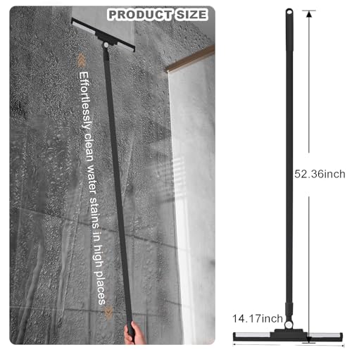 Floor Squeegee Broom - 52" Long Handle Rubber Scrubber for Bathroom, Tile, Shower, Glass, Pet Hair, Hardwood Floor - Adjustable Long Handle, Water Wiper with Replacement Blade (Black) - color: Black