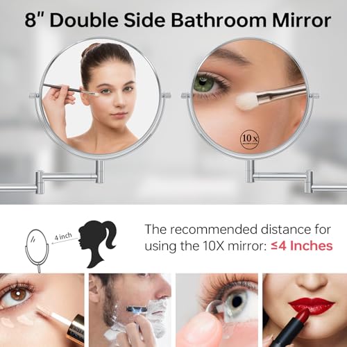 8" Wall Mounted Makeup Mirror with 1X 10X Magnification, Chrome | Double-sided Wall Mount Magnifying Mirror with Swivel Extendable Arm for Bathroom - color: Chrome-no Lights