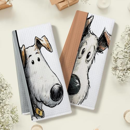 2 Pcs Funny Dog Kitchen Towels, Cute Terrier Gifts Hand Towel 14x24 Inches - color: Multi 0182