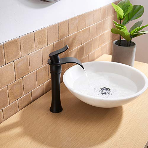 BWE Matte Black Bathroom Vessel Sink Faucet 1 Hole, Modern & Farmhouse | Single Handle, Wide Waterfall Spout, Ceramic Cartridge, Solid Brass Body, Pop-Up Drain & Water Line Included, Easy Install - color: Black