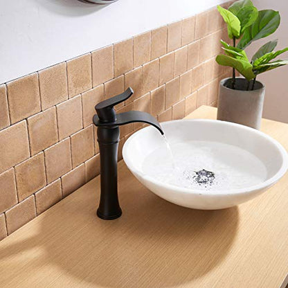 BWE Matte Black Bathroom Vessel Sink Faucet 1 Hole, Modern & Farmhouse | Single Handle, Wide Waterfall Spout, Ceramic Cartridge, Solid Brass Body, Pop-Up Drain & Water Line Included, Easy Install - color: Black