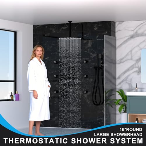 HOMEDEC 16inch Round Ceiling Mounted Rainfall Shower System, 3 Way Thermostatic Diverter Valve with 2-Function Handheld Shower and Body Jets, Black - color: Black, style: 3-Way
