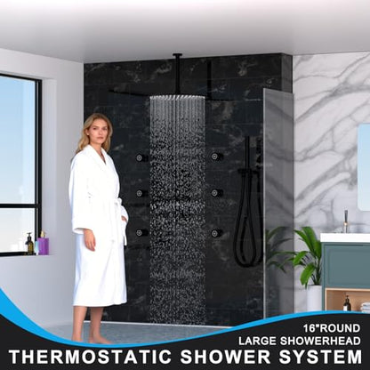 HOMEDEC 16inch Round Ceiling Mounted Rainfall Shower System, 3 Way Thermostatic Diverter Valve with 2-Function Handheld Shower and Body Jets, Black - color: Black, style: 3-Way