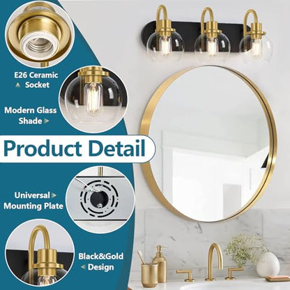 Dpyrrhic Modern 3-Light Vanity Light, Bathroom Lighting Fixture Over Mirror With Clear Glass Shade and Metal Base, Wall Sconces in Matte Black and Gold - color: Black & Gold, size: 3-Light