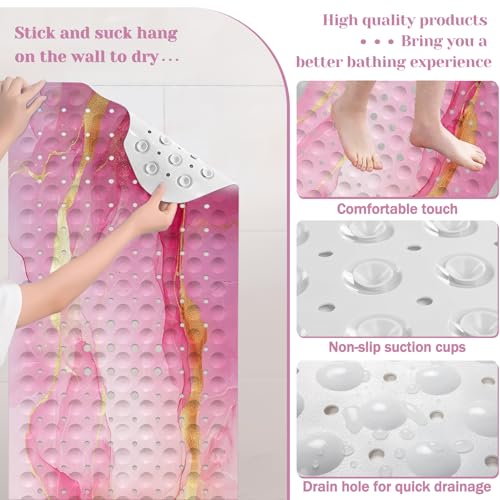 Marble Bath Tub Mat Non Slip, Pink Marble Non Slip Bath Mat for Shower, Large Washable Shower mats for Showers with Drain Holes and Suction Cups,40 X 16 Inch - color: Pink Marble