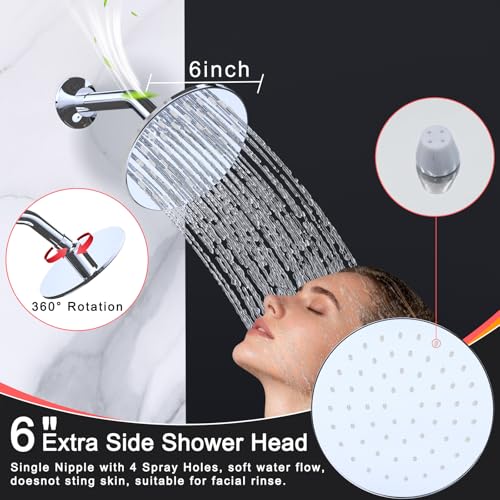 HOMEDEC 16inch Round Rain Shower System with 6" Wall Mounted Shower Head, 4 Way Shower Valve with 2-Function Handheld Shower and Massage Jets, Chrome - color: Chrome, style: 4-Way + 1x 6" Top