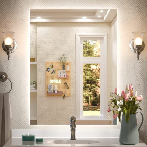 Keonjinn 24 x 32 Inch LED Backlit Mirror, Lighted Mirrors for Bathroom Wall, 3 Colors Lights Warm/Natural/White, HD Tempered Glass, Anti-Fog & Dimmer, Wall Mounted LED Makeup Mirror with Lights - color: Backlit 3-color, size: 32"L x 24"W