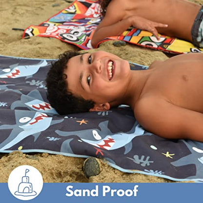 Microfiber Kids Toddler Beach Towel, Quick Dry, Sand Free, 60x30 | Pool towel, ultra-soft, girls and boys, travel pouch, camping travel vacation, toallas playas - color: Sharks