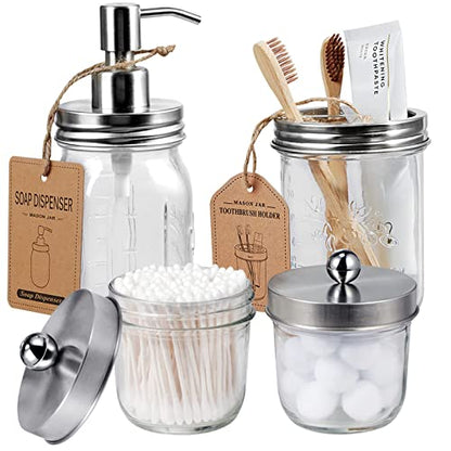 Amolliar Mason Jar Bathroom Accessories Set(4 Pack) - Lotion Soap Dispenser&Qtip Holder Set&Toothbrush Holder-Rustic Farmhouse Decor Apothecary Jar Bathroom Countertop,Vanity Organize (Brushed Nickel) | Brushed Nickel, Lotion Soap Dispenser, Qtip Holder,