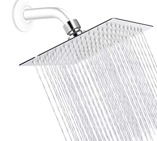 Rain Square Shower Head 8 Inch High Pressure Stainless Steel Water Saving Ultra Thin Waterfall Showerhead Even At Low Water Flow, Adjustable Replacement Showerhead,Chrome