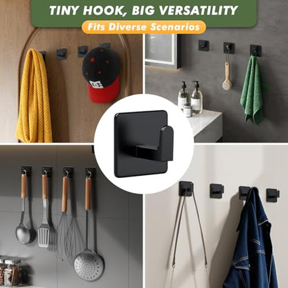 Auxmir Self Adhesive Towel Hooks, 5 Pack Stainless Steel Hooks 15 lb, Black | 15 lb max capacity, heavy-duty no-drill wall hooks, waterproof and rust-resistant, for bathrooms, showers, kitchens and RVs - color: Black-Square