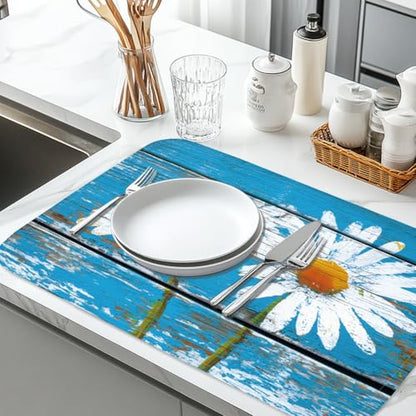 1Pc Daisy Dish Drying Mat 23.6x17.7 Inch Microfiber Polyester Cotton Rustic Wood Print Absorbent Countertop Pad Floral Dish Drainer Heat Resistant Coffee Bar Station Mat With Hanging Loop Blue - style: Daisy on board
