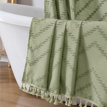 Small Boho Stall Shower Curtain, Light Green Fabric Cloth Stall Shower Curtain 36 x 72 Half Size with Tassel Tufted Chevron Striped Textured Modern Farmhouse for Bathroom, Machine Washable - color: Light Green, size: 36"W x 72"L (Pack of 1)