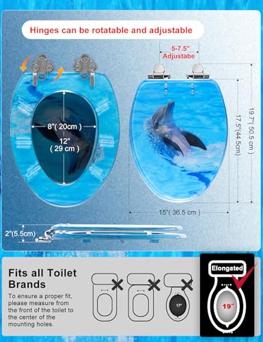 Angol Shiold ELONGATED Resin Soft Close Toilet Seat Dolphin 18.5Inch | Quick Release Heavy Duty Acrylic Decorative Toilet Seats Easy to Clean (Backstroke Dolphin) - color: Backstroke Dolphin