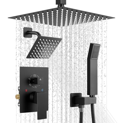 Rain Shower Faucet Set, 10" Top + 6" Side Head, Matte Black | 3-head set w/ valve, SUS304 anti-freeze, 6 spray modes, self-clean nozzles - color: Matte Black, style: 10''-Ceiling Mount+6" Shower Head