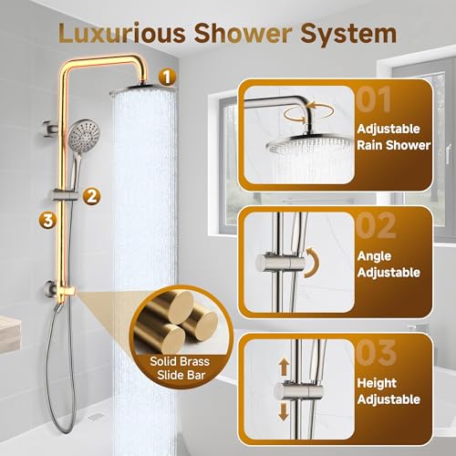 BRIGHT SHOWERS Rain Shower Heads System - 9 Inch Rainfall Shower Head and Handheld Shower Head with Height Adjustable Holder, Solid Brass Rail and 60" Long Stainless Steel Shower Hose, Brushed Nickel - color: Brushed Nickel, size: 2.5 Gallon Per Minute