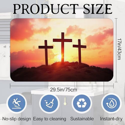 Elightvap Bath Mat Cross Mountain Sunset Bathroom Rug,Soft and Non Slip Bath Rugs,Quick Drying Machine Washable Floor Mat 17 * 29.5 Inches for Shower Room,Bathtub,Kitchen Bathroom - color: Cross Mountain Sunset
