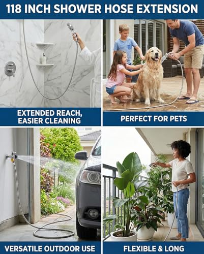 Shower Hose Extra Long 118 Inches, Flexible Stainless Steel Handheld Replacement Shower Hose, with Brass Insert and Nut - size: 118 inches