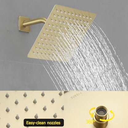 Brushed Gold Shower System 8 Inch Bathroom Luxury Rain Mixer Shower Combo Set Wall Mounted Rainfall Shower Head and Handheld System Shower Faucet Set Rough-in Valve Body and Trim Kit - color: Brushed Gold, size: 8 Inch