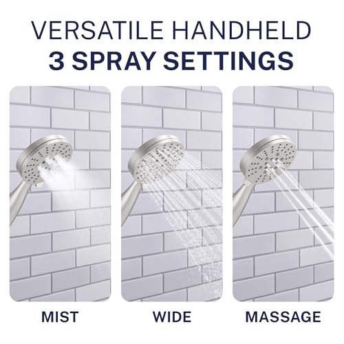 HammerHead Showers® Solid METAL 3-Spray Hand Held Shower Head, Brushed Nickel | Select from Wide, Massage, and Mist Sprays | 1.75 GPM Low Flow Handheld Showerhead | Made from 304 Stainless Steel - color: Brushed Nickel, size: 1.75 GPM