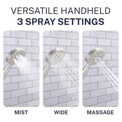 HammerHead Showers® Solid Metal 3-Spray Hand Held Shower Head, Brushed Nickel | Select from Wide, Massage, and Mist Sprays | 2.5 GPM High Flow Handheld Showerhead | Made from 304 Stainless Steel - color: Brushed Nickel, size: 2.5 GPM