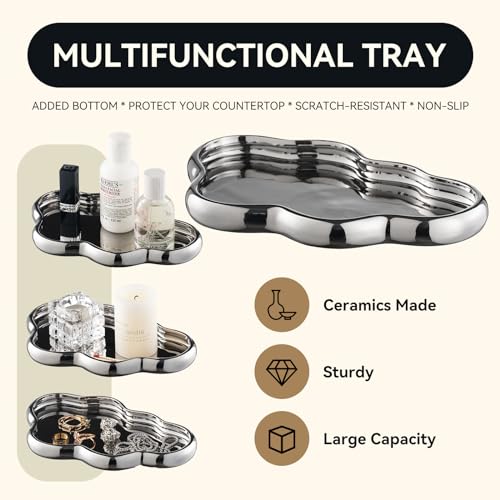 Silver Bathroom Accessory Set, 3-Piece Ceramic Bath Accessories Set with Tray, Lotion Dispenser, and Tumbler - color: Silver