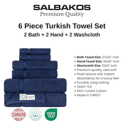 SALBAKOS - Luxury 6 Piece Towel Set, 100% Turkish Cotton, Quick Drying, Highly Absorbent & Comfy, Includes 2 Bath Towels, 2 Hand Towels & 2 Washcloths | (Navy) - color: Navy, size: 6 Piece Towel Set